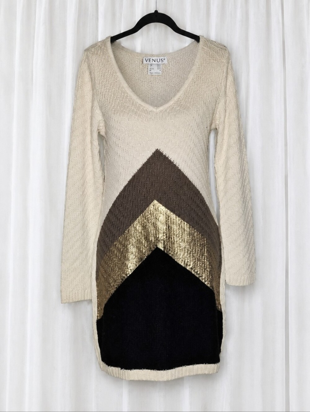VENUS Texture Knit Sweater Dress Cream Brown Black Metallic Gold Chevron Classic